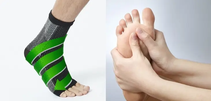 person wearing sooth relieve socks and massaging foot